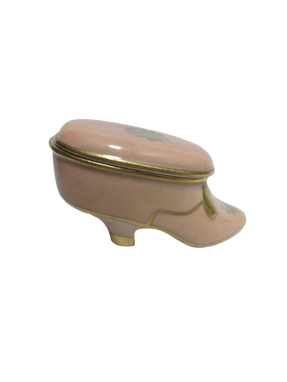 VTG Pink &Gold Trim Victorian High Heel Porcelain China Miniature Trinket Box 3"